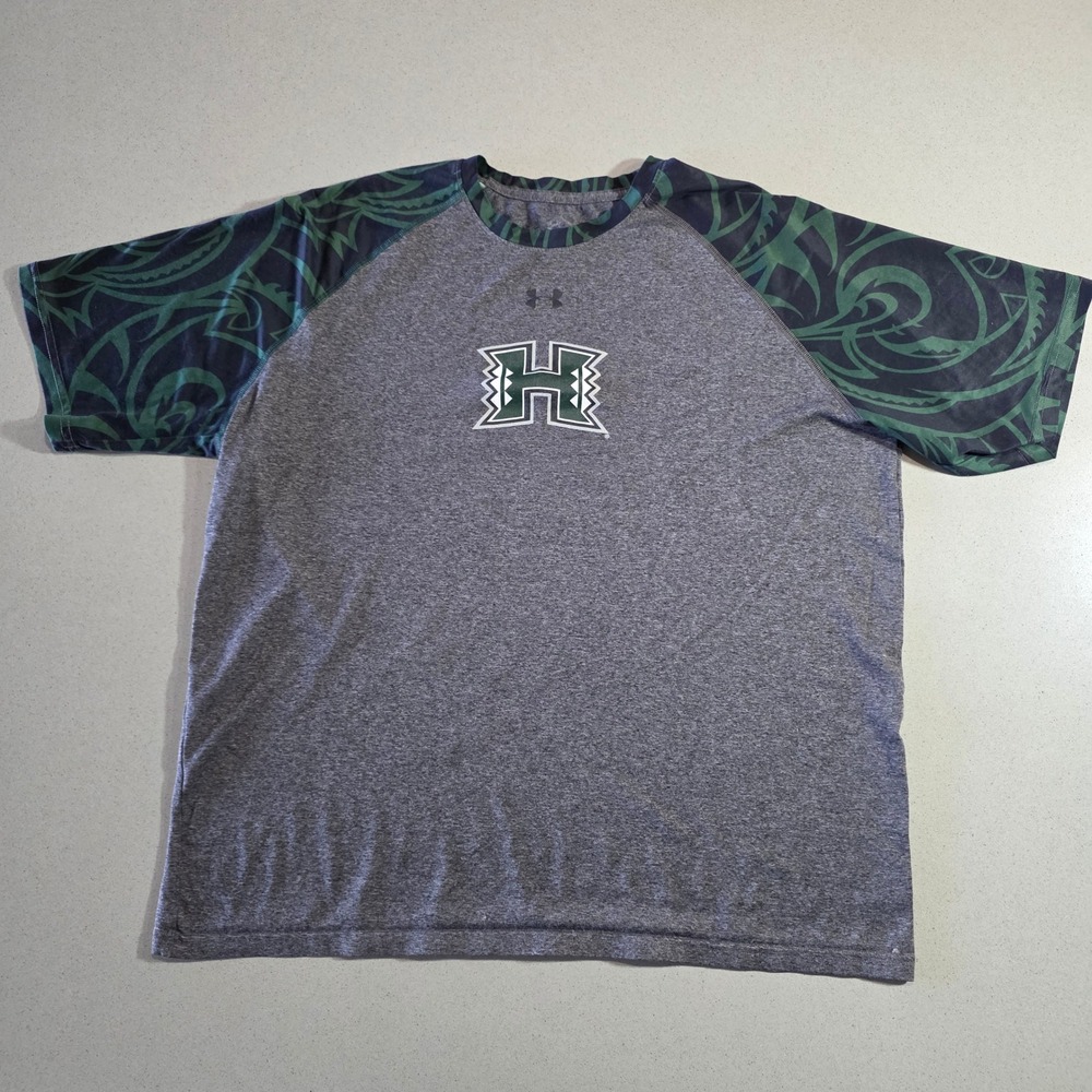 Under Armour Hawaii Warriors Mens Grey Green Tribal Raglan T-Shirt Size Large